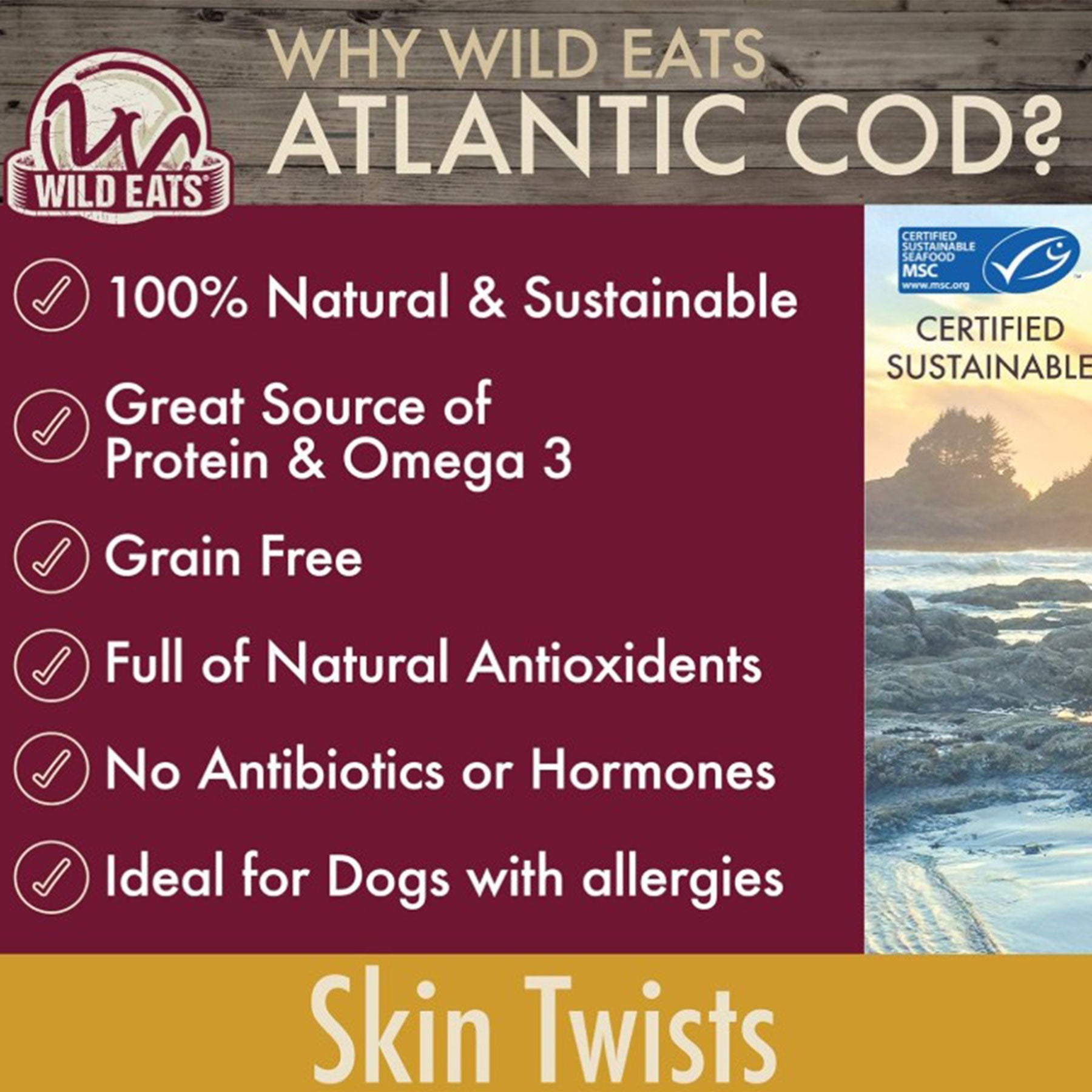 Wild Eats Cod Skin Twist Dog Treats, Chew