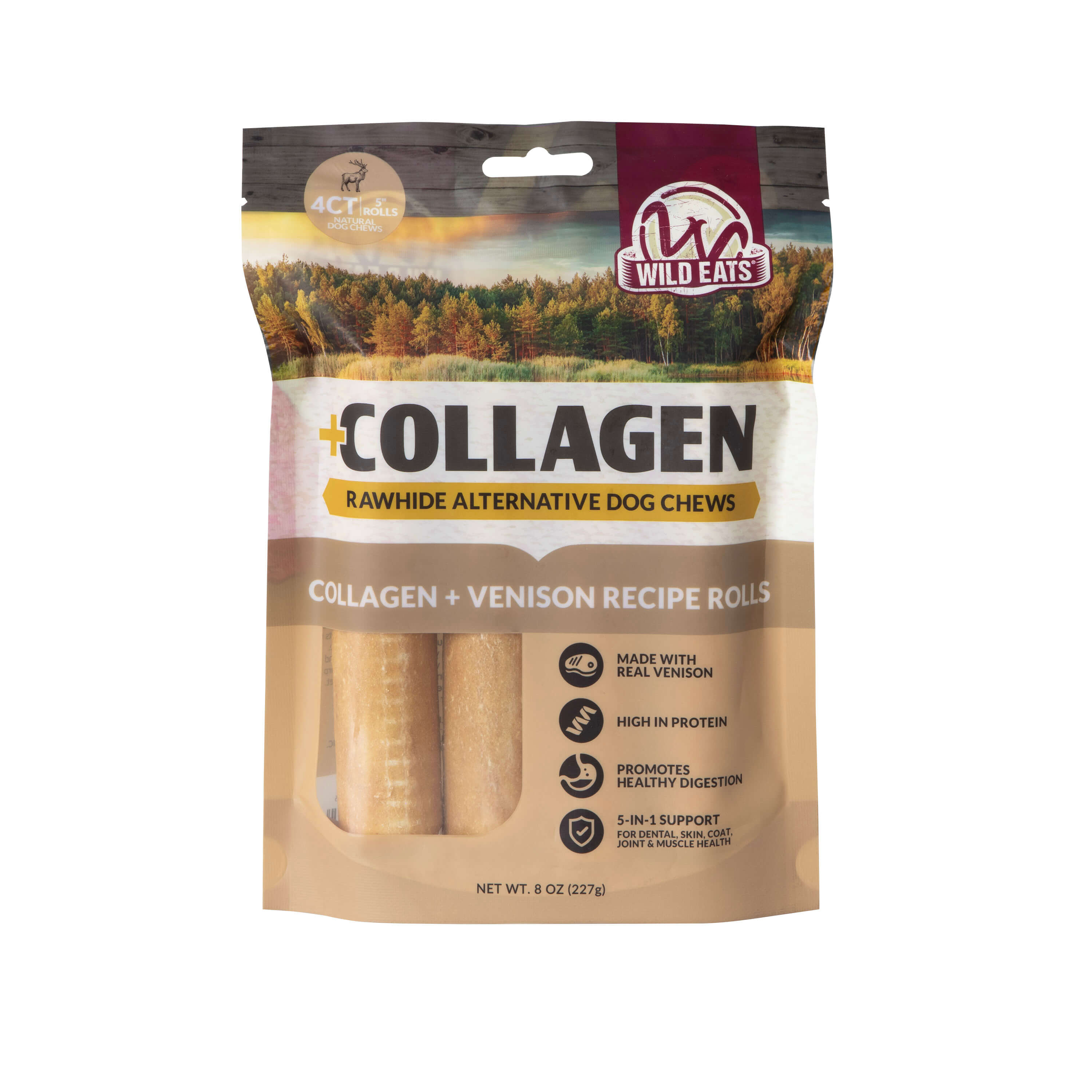 Wild Eats Venison Flavor Collagen 5" Retriever Style Cheek Rolls (4-Pack)