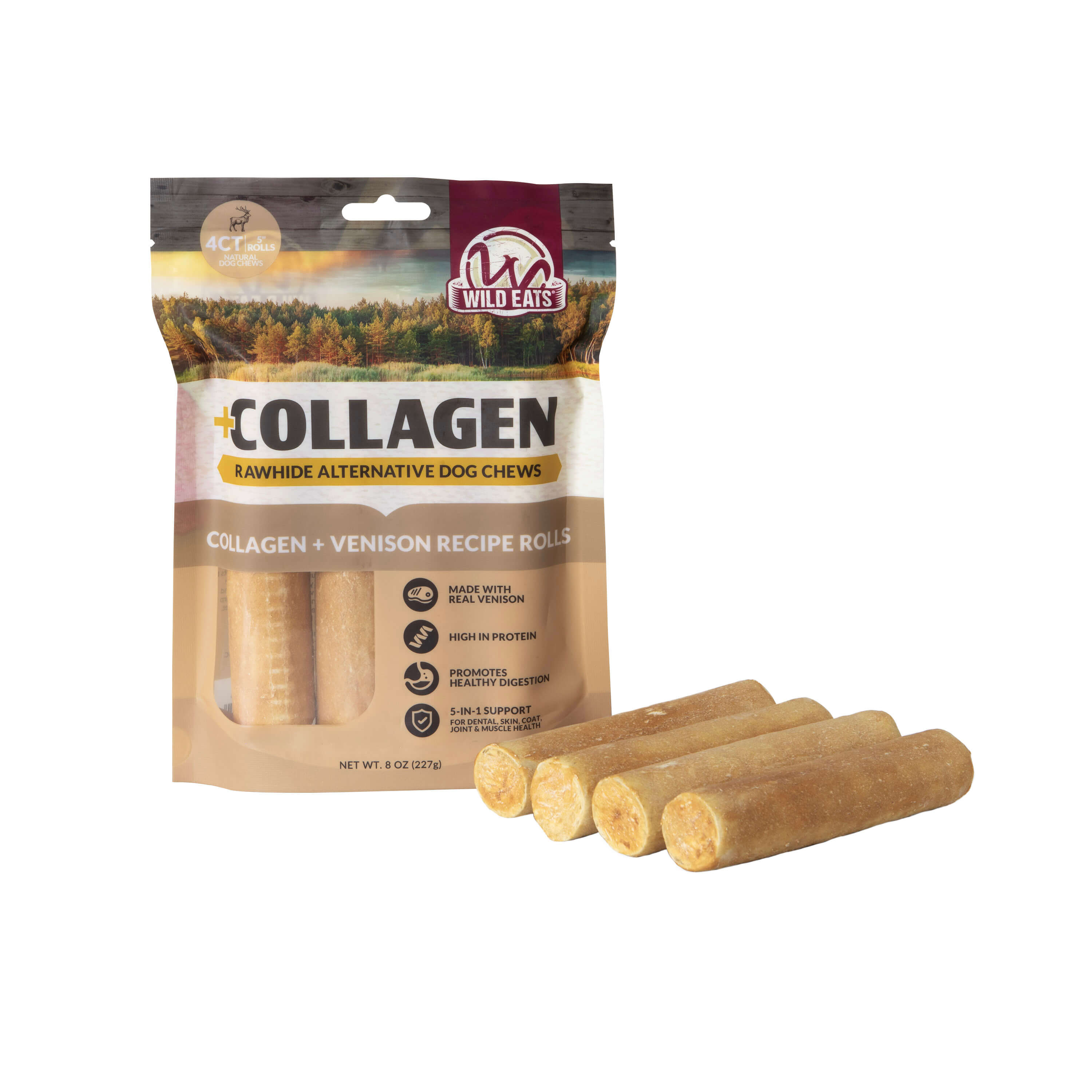 Wild Eats Venison Flavor Collagen 5" Retriever Style Cheek Rolls (4-Pack)